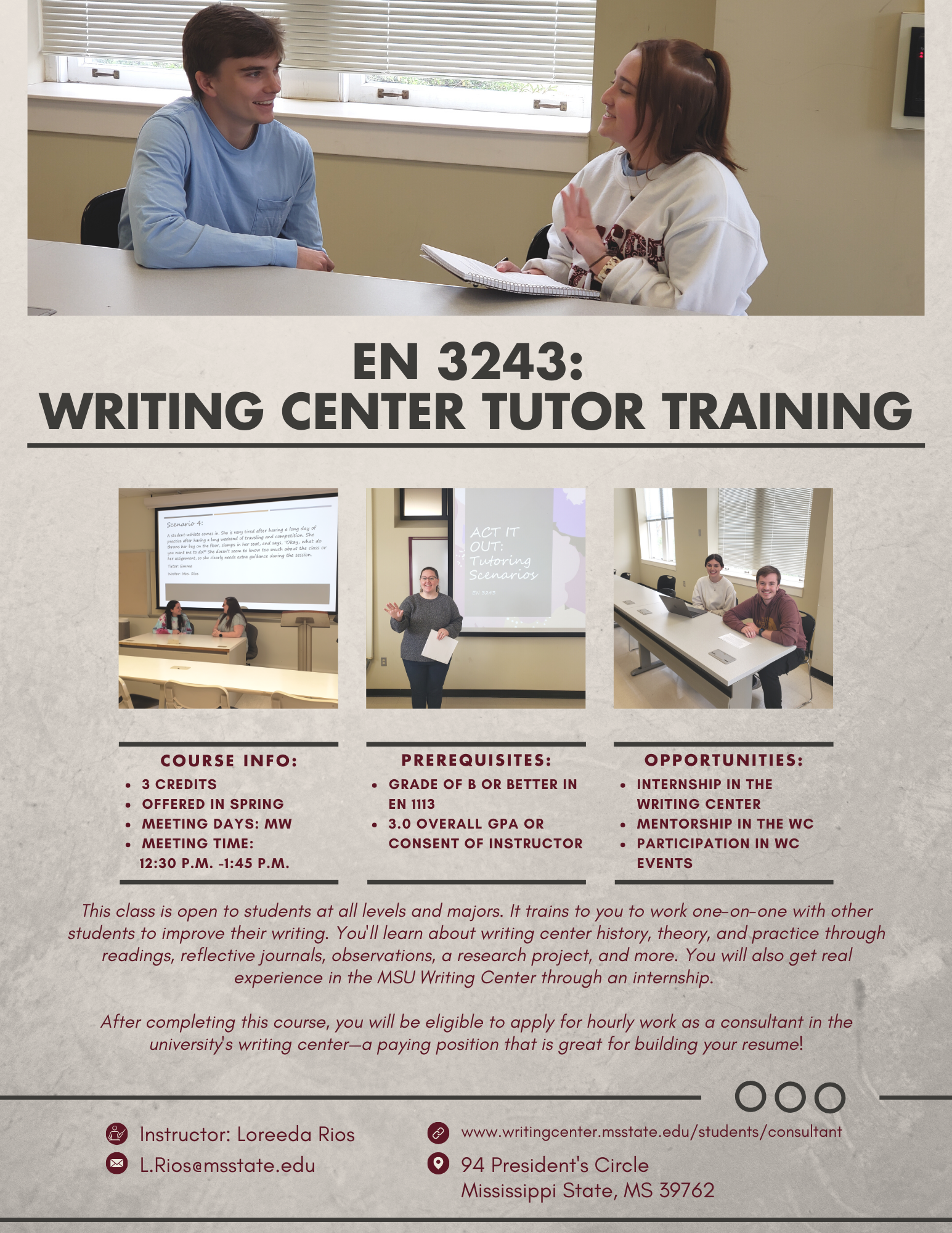 EN 3243 Writing Center Tutor Training Flyer for Spring 2024