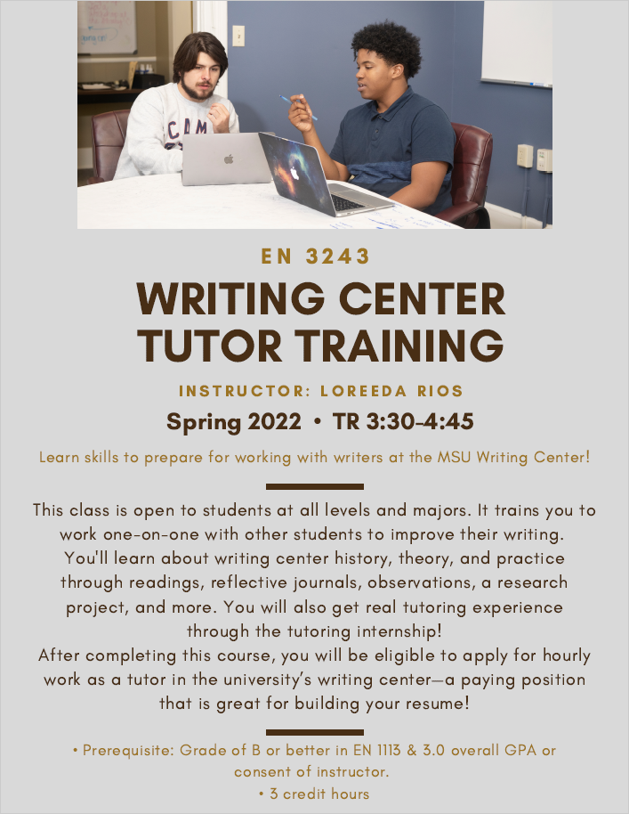 Flyer for EN 3243 shows a picture of a tutoring session above details for the course