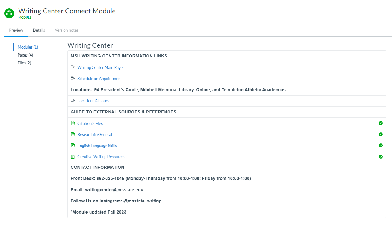 Screenshot of the Writing Center Canvas Module